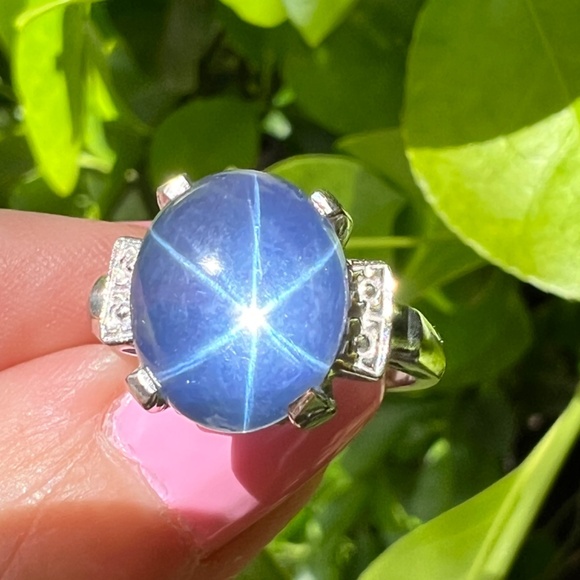 VINTAGE 10K WHITE GOLD SYNTHETIC STAR BLUE SAPPHIRE CATSEYE SPINEL CABOCHON RING - Picture 14 of 16